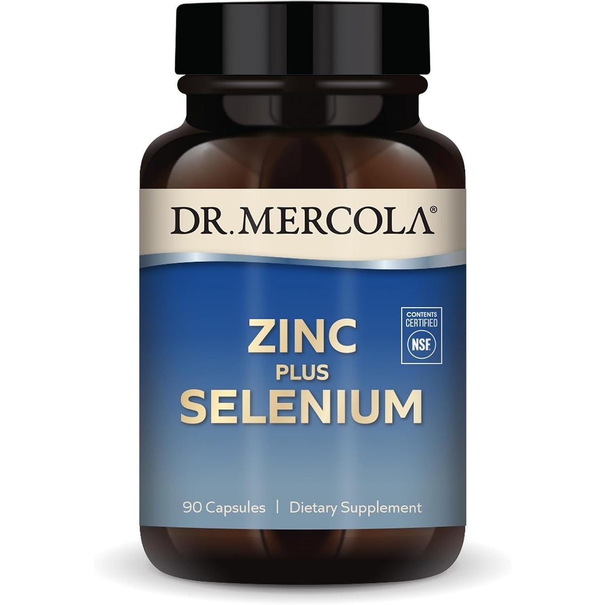 Dr. Mercola Zinc Plus Selenium mineral supplement bottle with 90 capsules, featuring zinc and selenium ingredients.