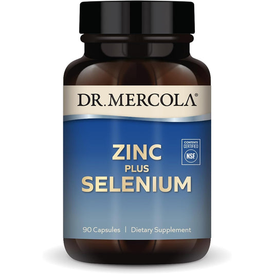 Dr. Mercola Zinc Plus Selenium mineral supplement bottle with 90 capsules, featuring zinc and selenium ingredients.