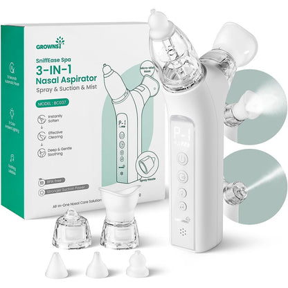 GROWNSY SniffEase 3-in-1 Baby Nasal Aspirator Spray Suction Mist Hospital-Grade Nose Suction Soothing Light Music Large Chamber Easy Clean Grey