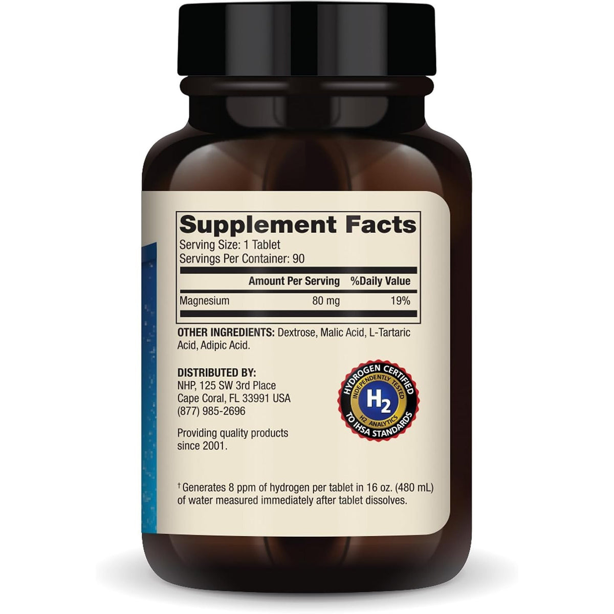 Dr. Mercola H2 Molecular Hydrogen magnesium tablets in a bottle, 90 servings, showing the supplement packaging and tablets inside.