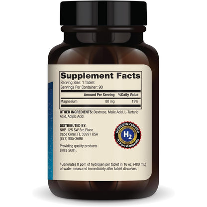 Dr. Mercola H2 Molecular Hydrogen magnesium tablets in a bottle, 90 servings, showing the supplement packaging and tablets inside.