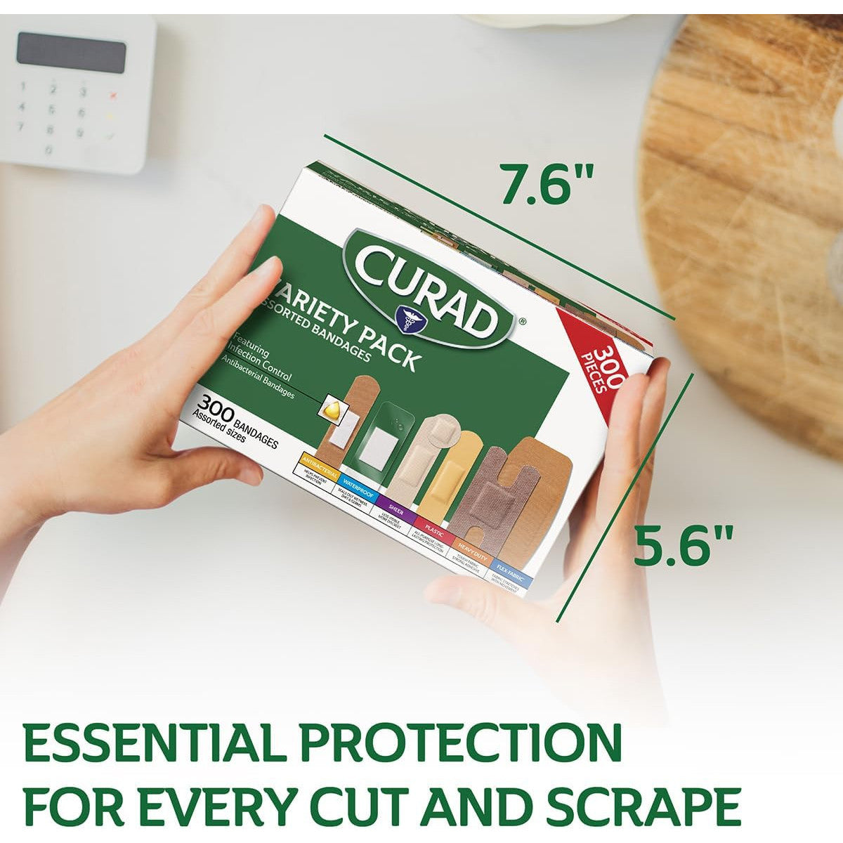 CURAD Assorted Bandages Variety Pack 300 Count 6 Styles Antibacterial Waterproof Sheer Plastic Heavy Duty Flex-Fabric Latex-Free