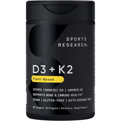 Sports Research Vitamin D3 + K2 Supplement Vegan 5000IU 60 Softgels