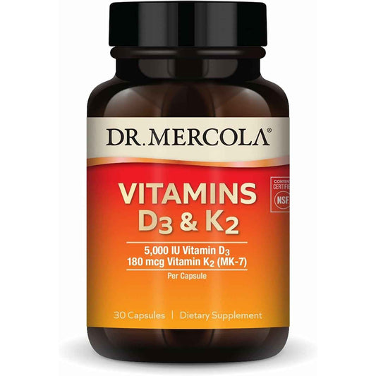 Dr. Mercola Vitamin D3 & K2 supplement bottle with 30 capsules, showing the label and product packaging.