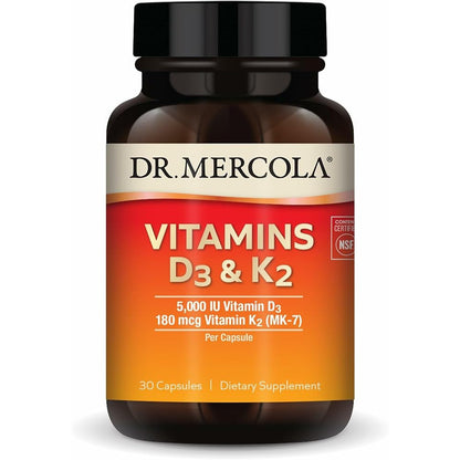 Dr. Mercola Vitamin D3 & K2 supplement bottle with 30 capsules, featuring a white label and supplement details.