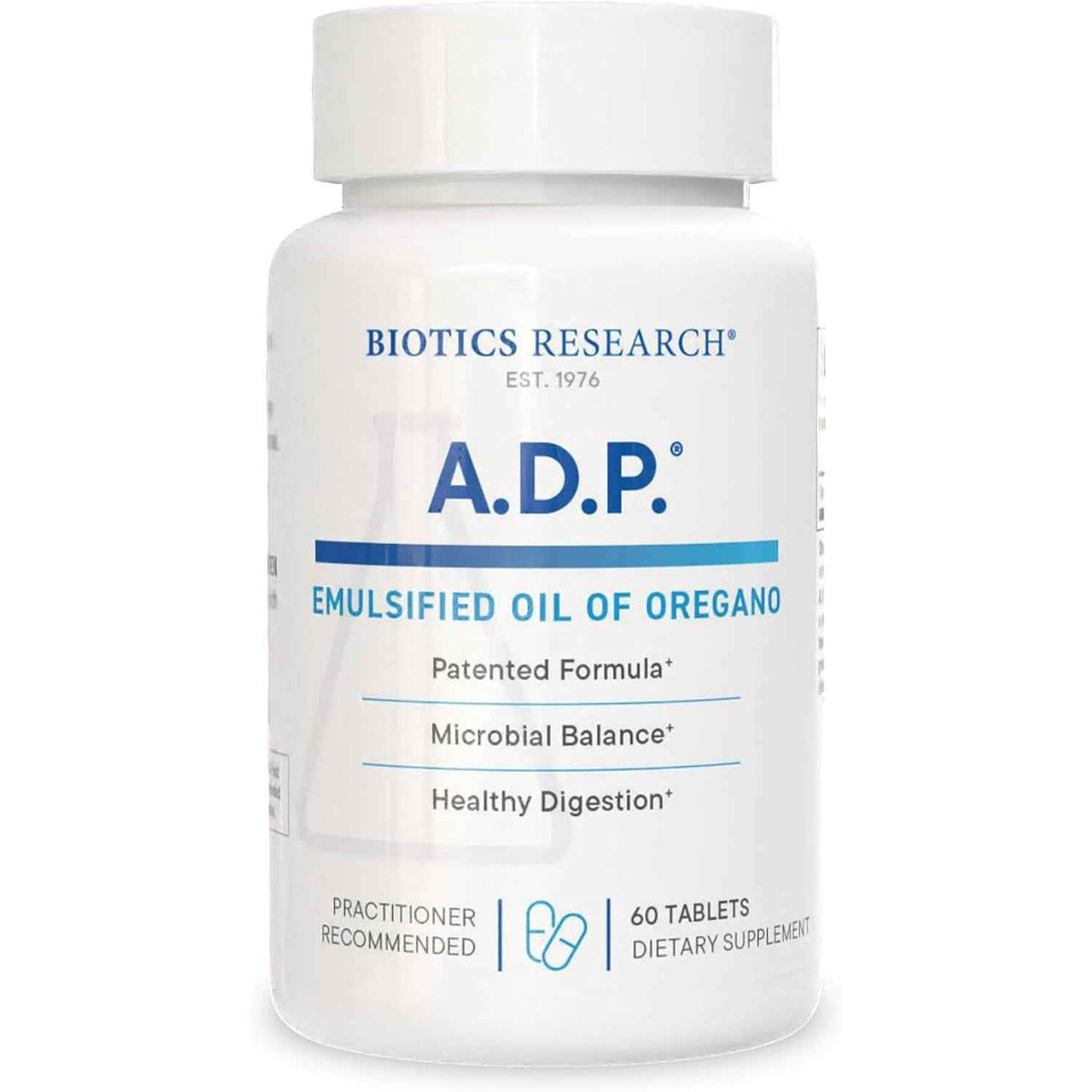 Biotics Research A.D.P. Emulsified Oil of Oregano herbal supplement, 50mg, in 60 tablets, supporting GI health.