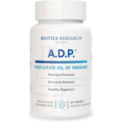 Biotics Research A.D.P. Emulsified Oil of Oregano herbal supplement, 50mg, in 60 tablets, supporting GI health.