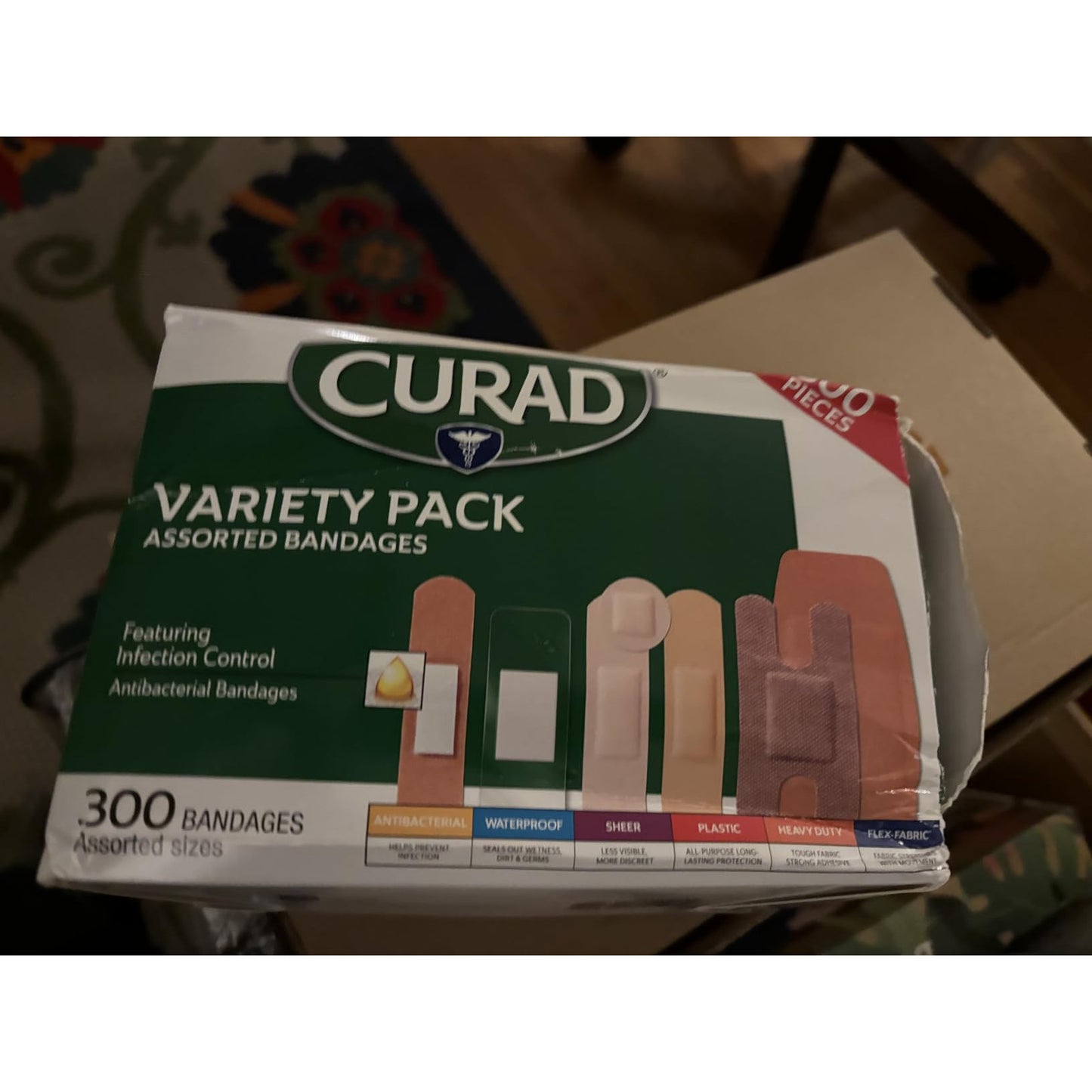 CURAD Assorted Bandages Variety Pack 300 Count 6 Styles Antibacterial Waterproof Sheer Plastic Heavy Duty Flex-Fabric Latex-Free
