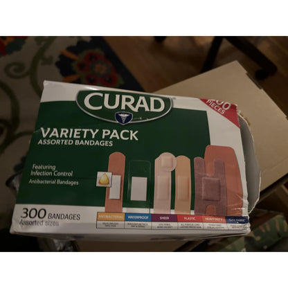 CURAD Assorted Bandages Variety Pack 300 Count 6 Styles Antibacterial Waterproof Sheer Plastic Heavy Duty Flex-Fabric Latex-Free
