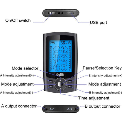 Belifu Dual Channel TENS EMS Unit 24 Modes Muscle Stimulator Pain Relief Therapy 10 Pads Storage Bag