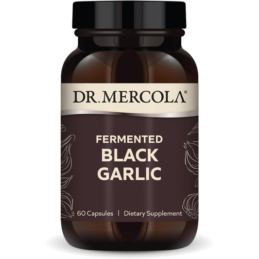 Dr. Mercola fermented black garlic antioxidant supplement bottle with 60 capsules, herbal supplement for health support.