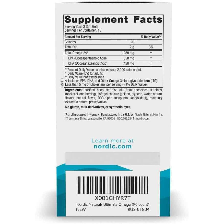 Nordic Naturals Ultimate Omega Fish Oil Supplement 1280 mg Lemon 90 Soft Gels