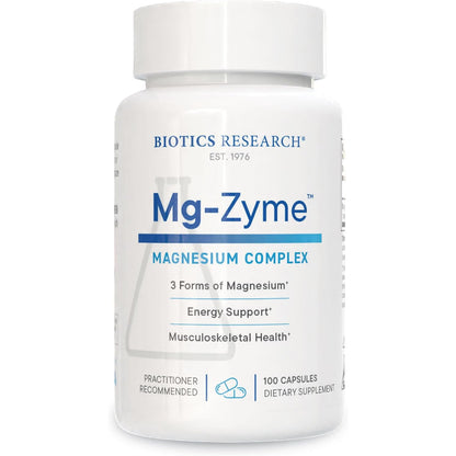 Biotics Research Mg-Zyme triple magnesium complex capsules showing the supplement bottle with capsules inside