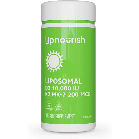 UpNourish Liposomal D3 K2 Vitamin softgels in a bottle, showing the easy-to-swallow mini softgel capsules for vitamin D and K2.