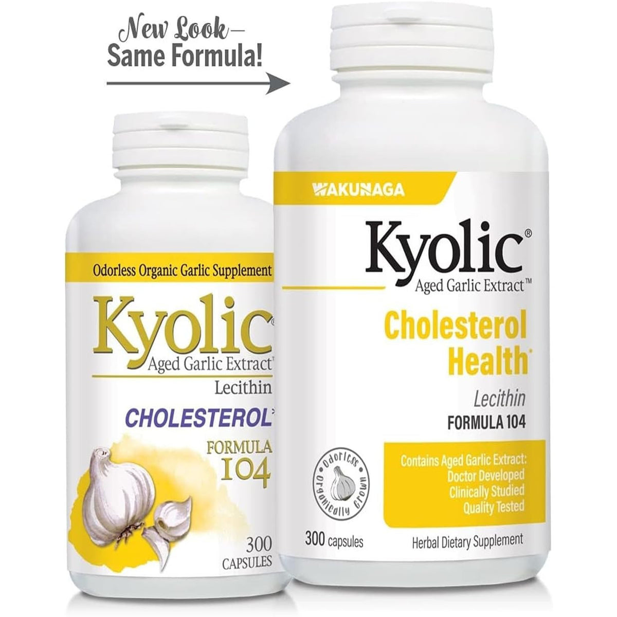 Kyolic Formula 104 aged garlic extract supplement for cholesterol, herbal supplement in bottle with 300 capsules.