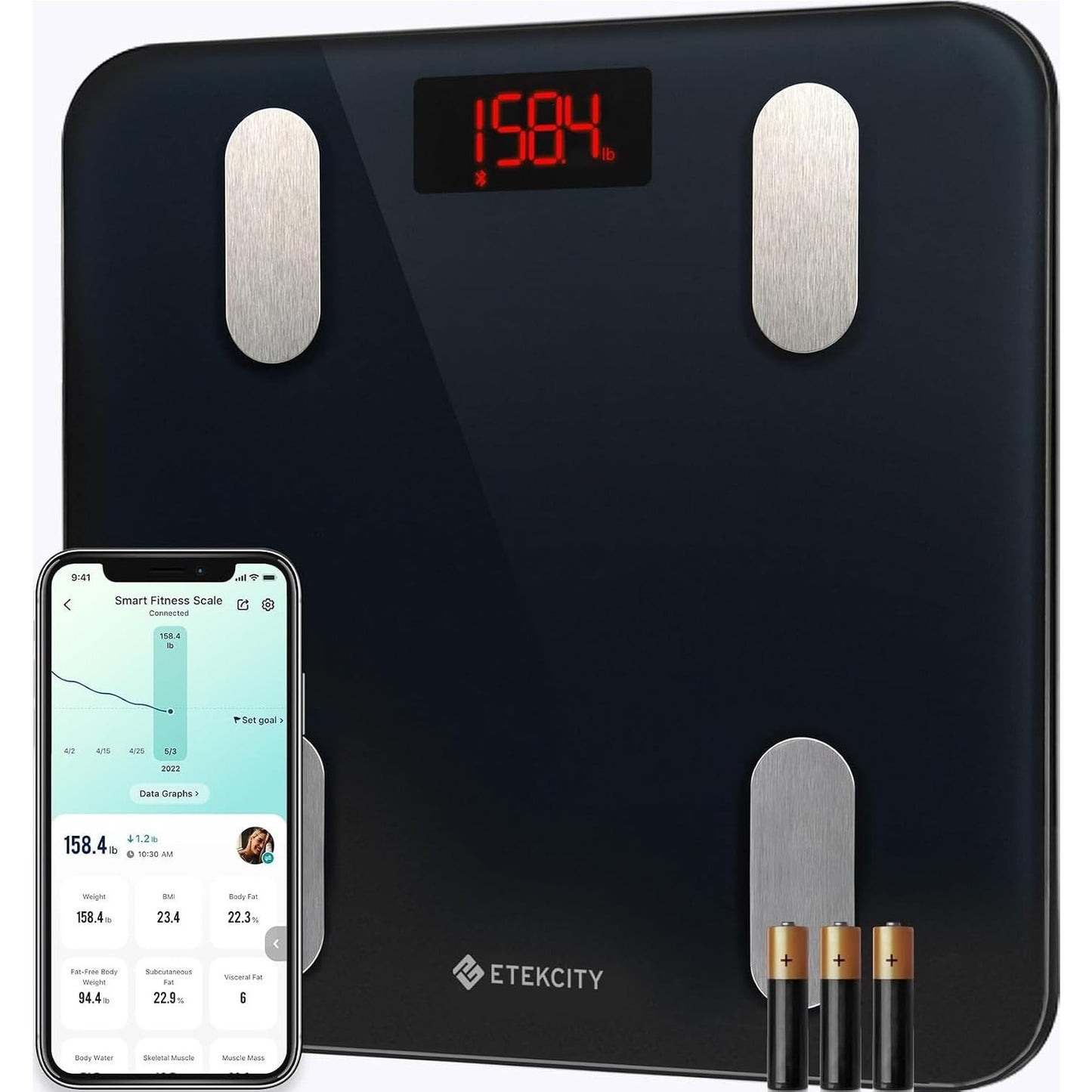 Etekcity Smart Scale Body Weight Fat BMI 400 lb Capacity Bluetooth LED Tempered Glass