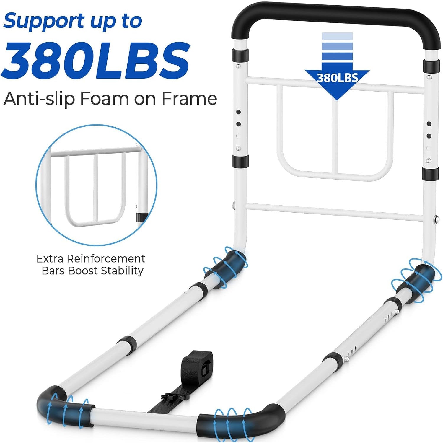 KingPavonini Bed Rails for Elderly Adults Safety 380 lbs ASTM Approved Adjustable Bed Cane Non-Slip Ergonomic Handle Storage Bag Tool-Free