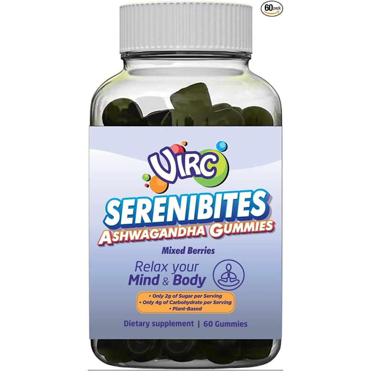 VIRC Snacks Ashwagandha Stress Energy Support Mixed Berries Gummies 60 Count