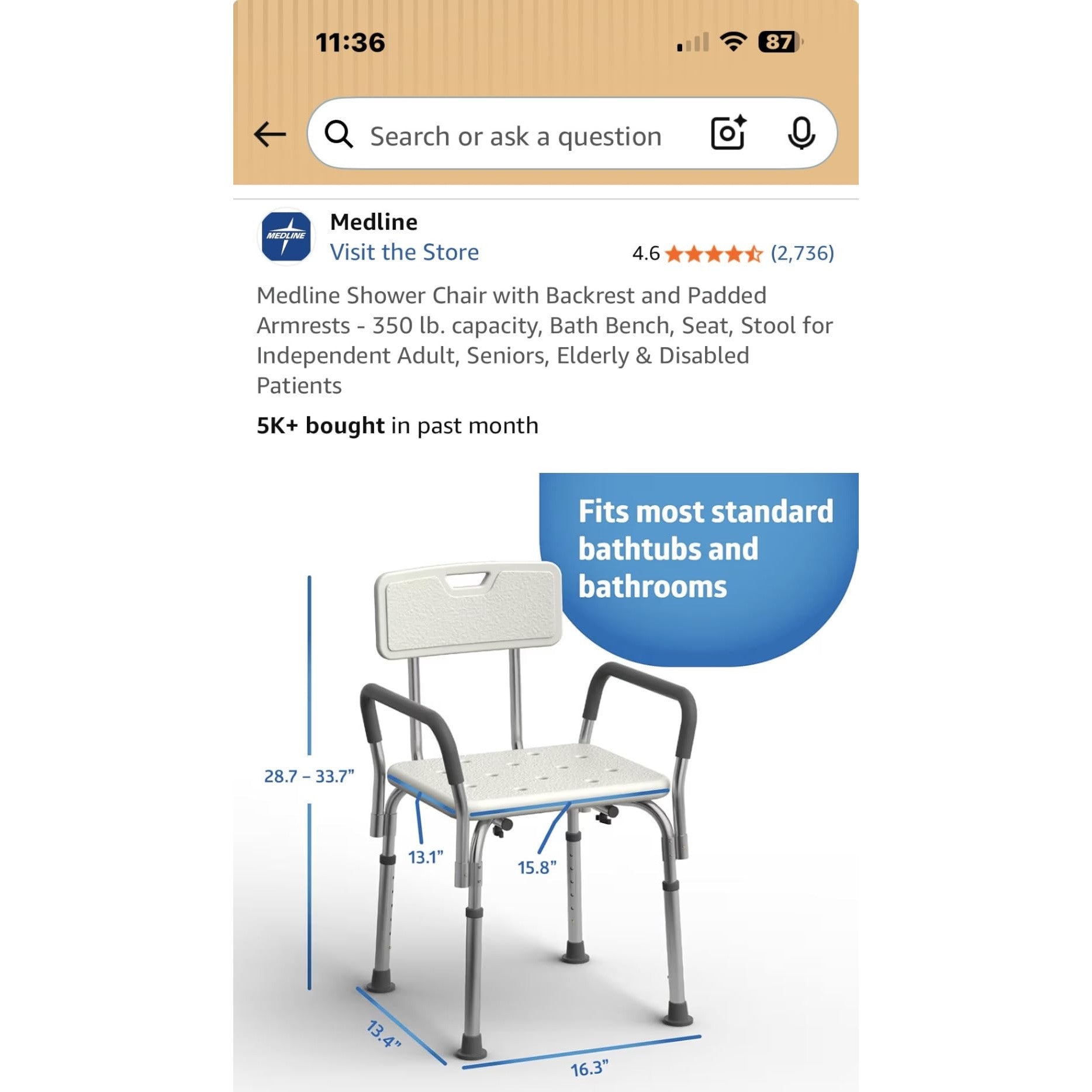 Medline Shower Chair with Backrest Padded Armrests 350 lb Capacity Bath Bench Seat Stool