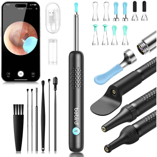 BEBIRD R1 ear wax removal kit with HD camera showing a close-up of the ear cleaning tool and camera tip.