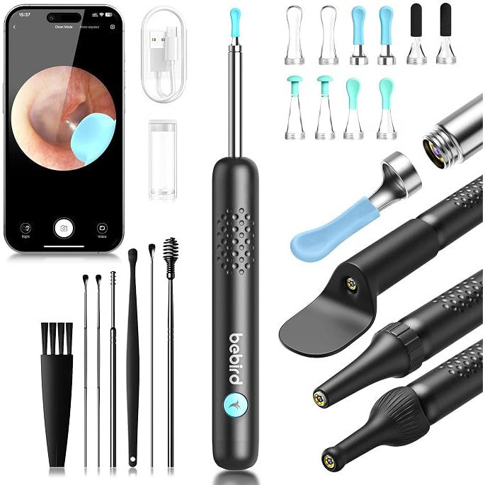 BEBIRD R1 Ear Wax Removal Kit with HD camera showing the slim ear cleaning tool and camera lens for safe ear inspection.