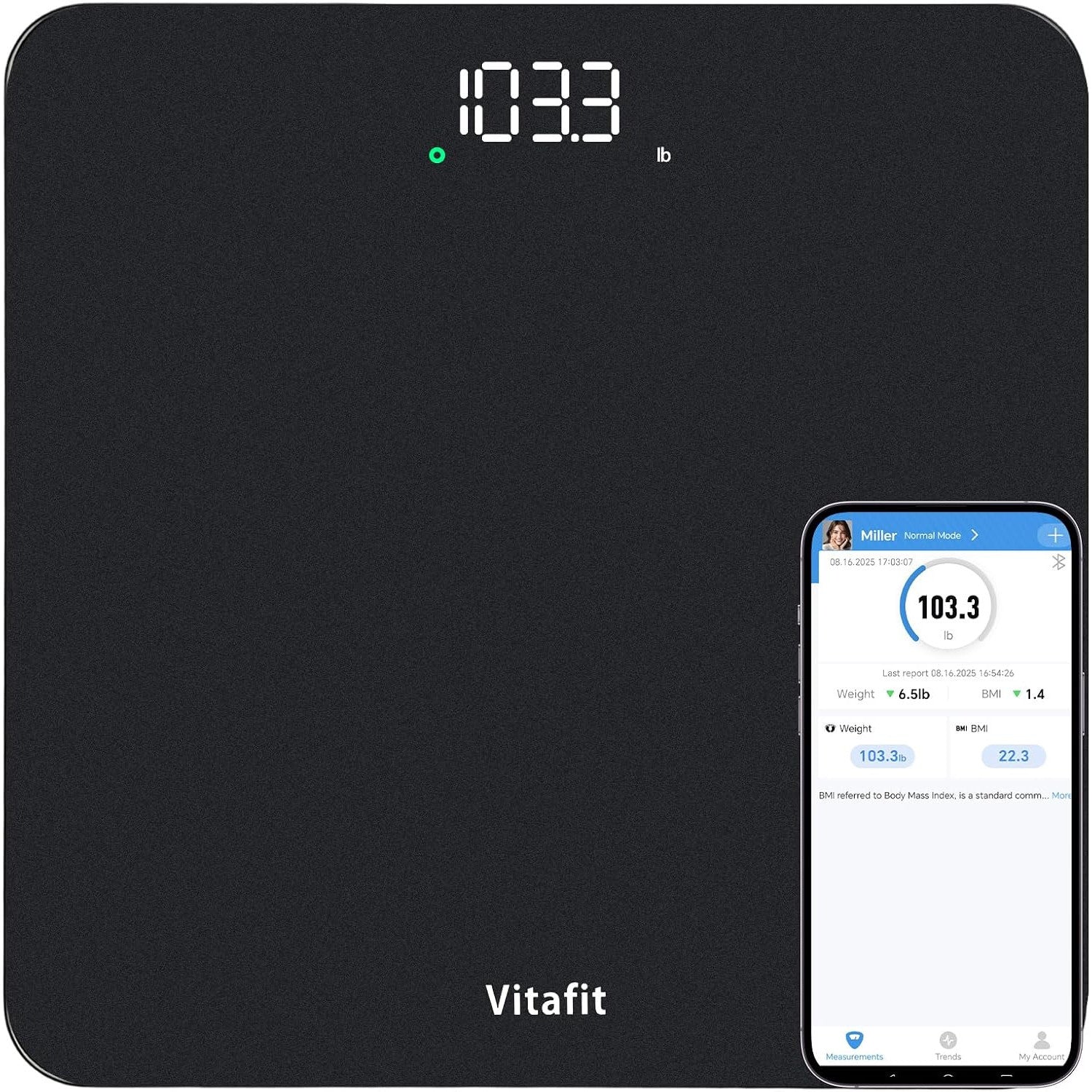 Vitafit Digital Bathroom Scale 400 lb Capacity 0.1 lb Accuracy Step-On LED Display Spray Silver Black