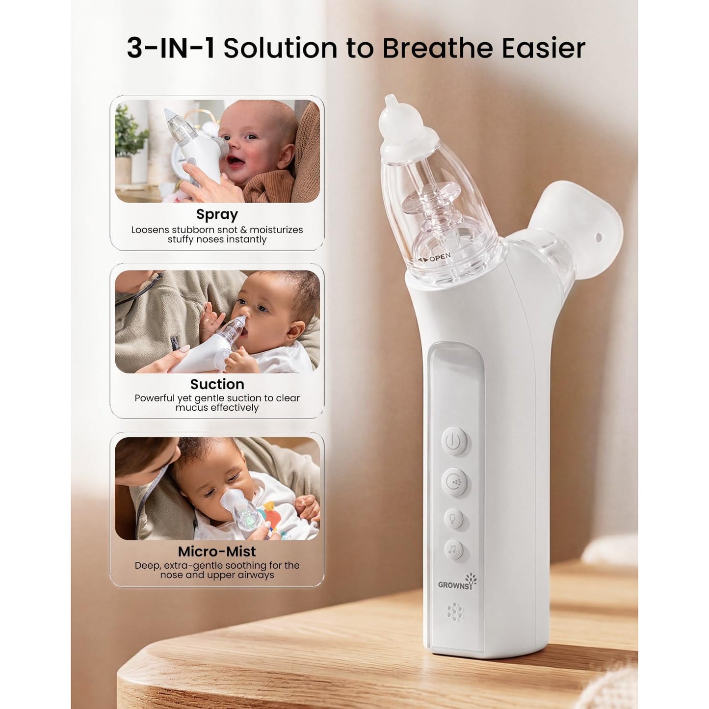 GROWNSY SniffEase 3-in-1 Baby Nasal Aspirator Spray Suction Mist Hospital-Grade Nose Suction Soothing Light Music Large Chamber Easy Clean Grey