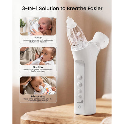 GROWNSY SniffEase 3-in-1 Baby Nasal Aspirator Spray Suction Mist Hospital-Grade Nose Suction Soothing Light Music Large Chamber Easy Clean Grey