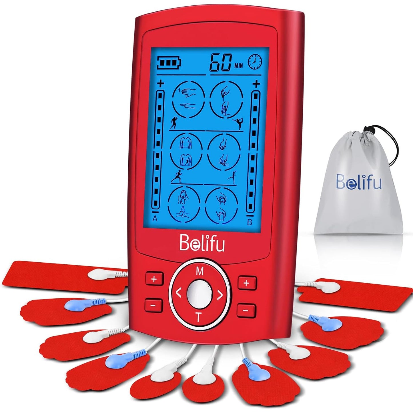 Belifu Dual Channel TENS EMS Unit 24 Modes Muscle Stimulator Pain Relief Therapy 10 Pads Storage Bag