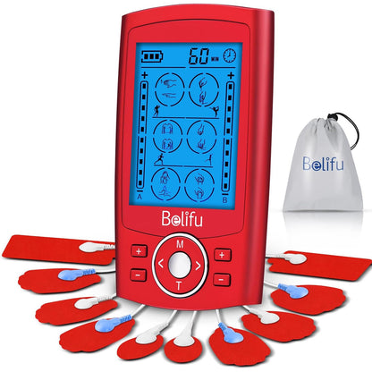 Belifu Dual Channel TENS EMS Unit 24 Modes Muscle Stimulator Pain Relief Therapy 10 Pads Storage Bag