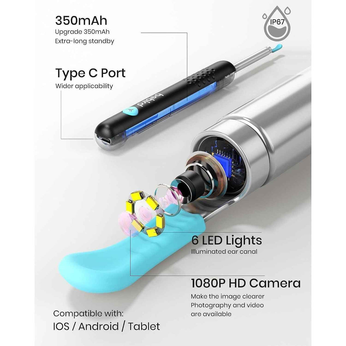 BEBIRD R1 ear wax removal kit with HD camera, compact ear cleaning tool, and inspection camera for safe ear hygiene.