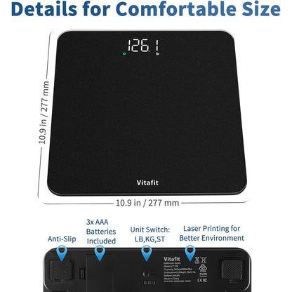 Vitafit Digital Bathroom Scale 400 lb Capacity 0.1 lb Accuracy Step-On LED Display Spray Silver Black