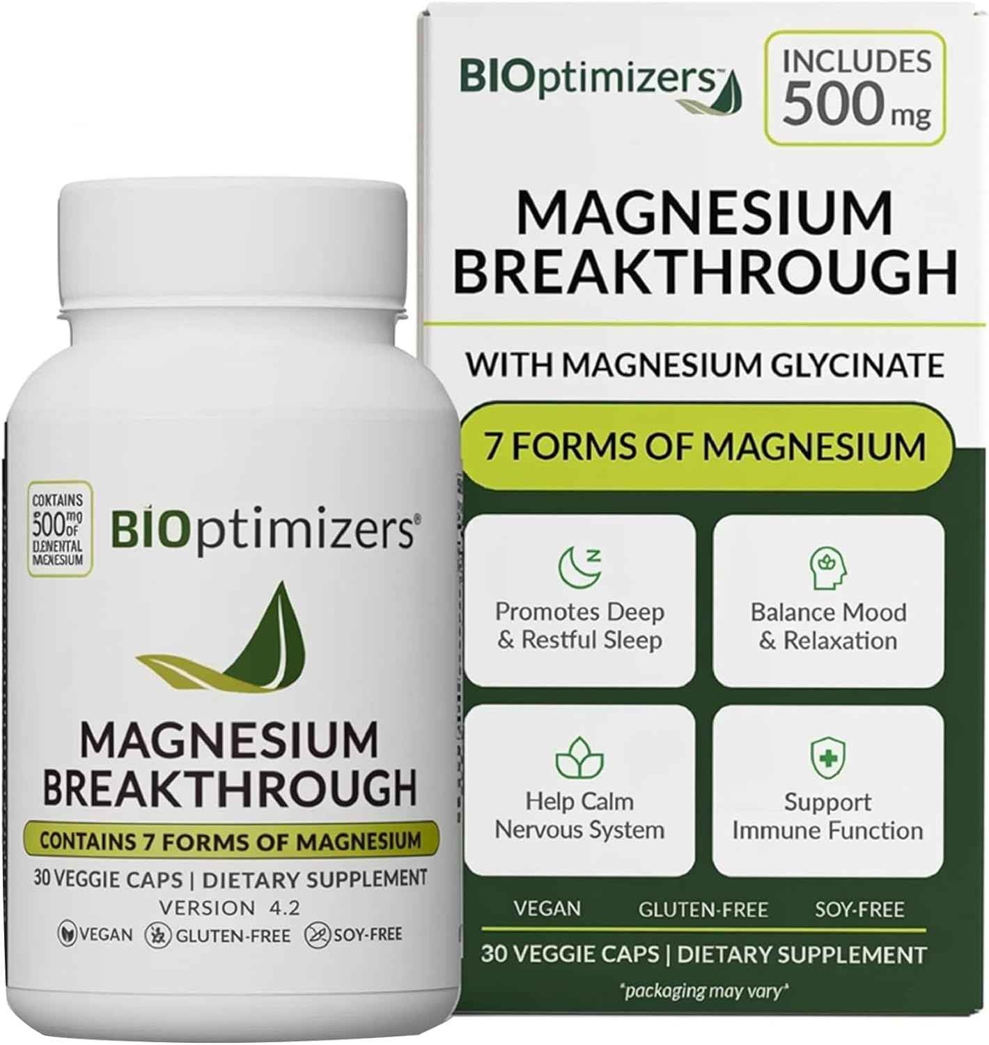 BIOptimizers Magnesium Breakthrough Supplement 500mg 7 Forms of Magnesium Glycinate, Malate, Citrate, and More - Natural Support for Sleep and Cognitive Function 60 Capsules