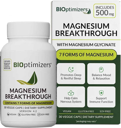 BIOptimizers Magnesium Breakthrough Supplement 500mg 7 Forms of Magnesium Glycinate, Malate, Citrate, and More - Natural Support for Sleep and Cognitive Function 60 Capsules