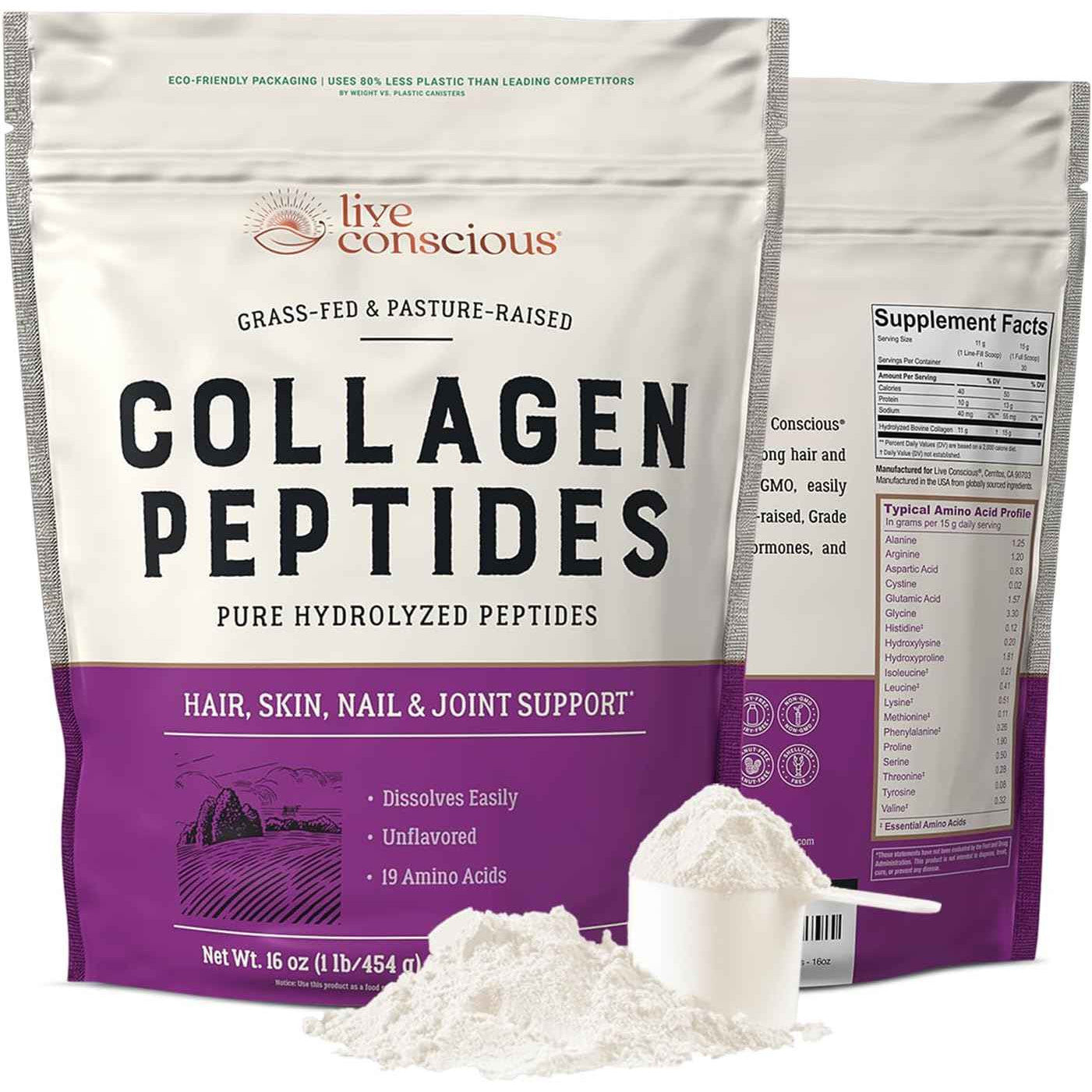 Live Conscious Collagen Peptides Powder Grass Fed Hydrolyzed 16oz