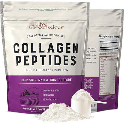 Live Conscious Collagen Peptides Powder Grass-Fed Type I & III 16oz