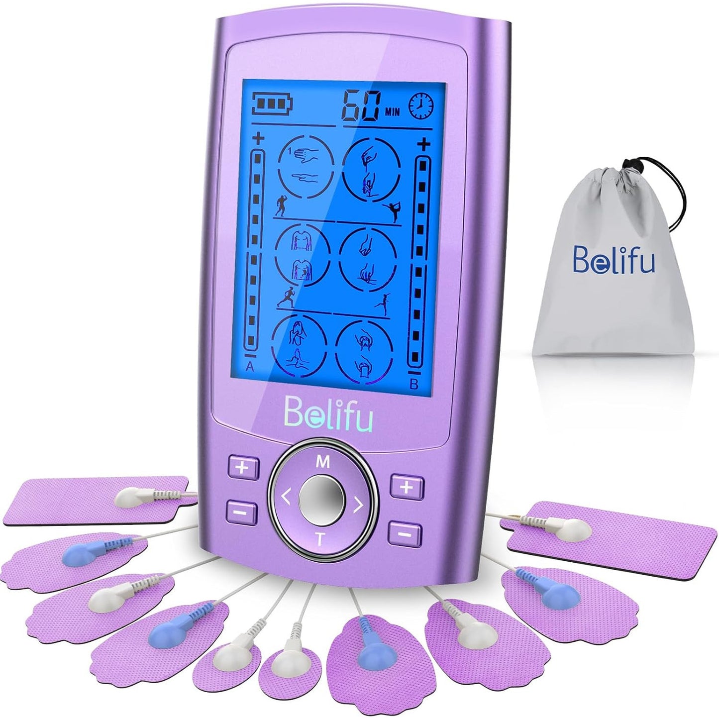 Belifu Dual Channel TENS EMS Unit 24 Modes Muscle Stimulator Pain Relief Therapy 10 Pads Storage Bag