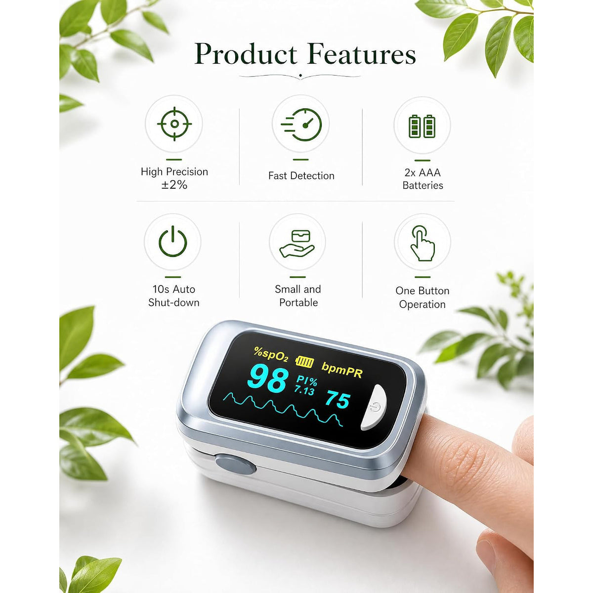 Healthtree JKS50B Fingertip Pulse Oximeter Blood Oxygen Saturation Monitor Heart Rate Fast SpO2 Reading OLED Screen with Lanyard and Batteries