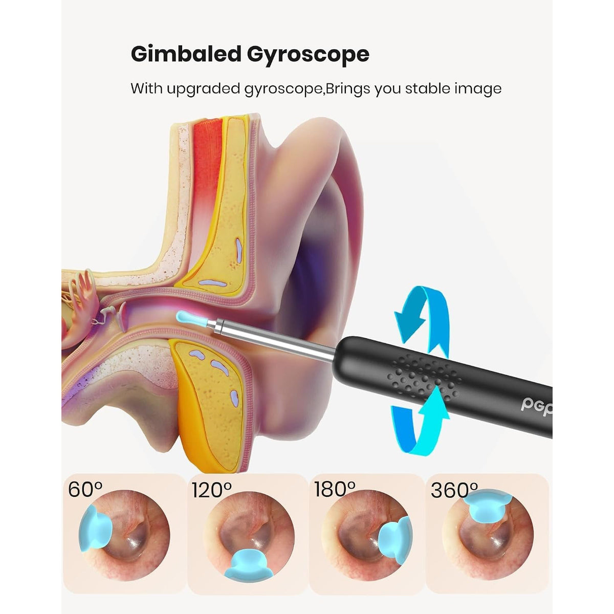 BEBIRD R1 ear wax removal kit with HD camera showing a close-up view of the tool and camera tip for ear cleaning.