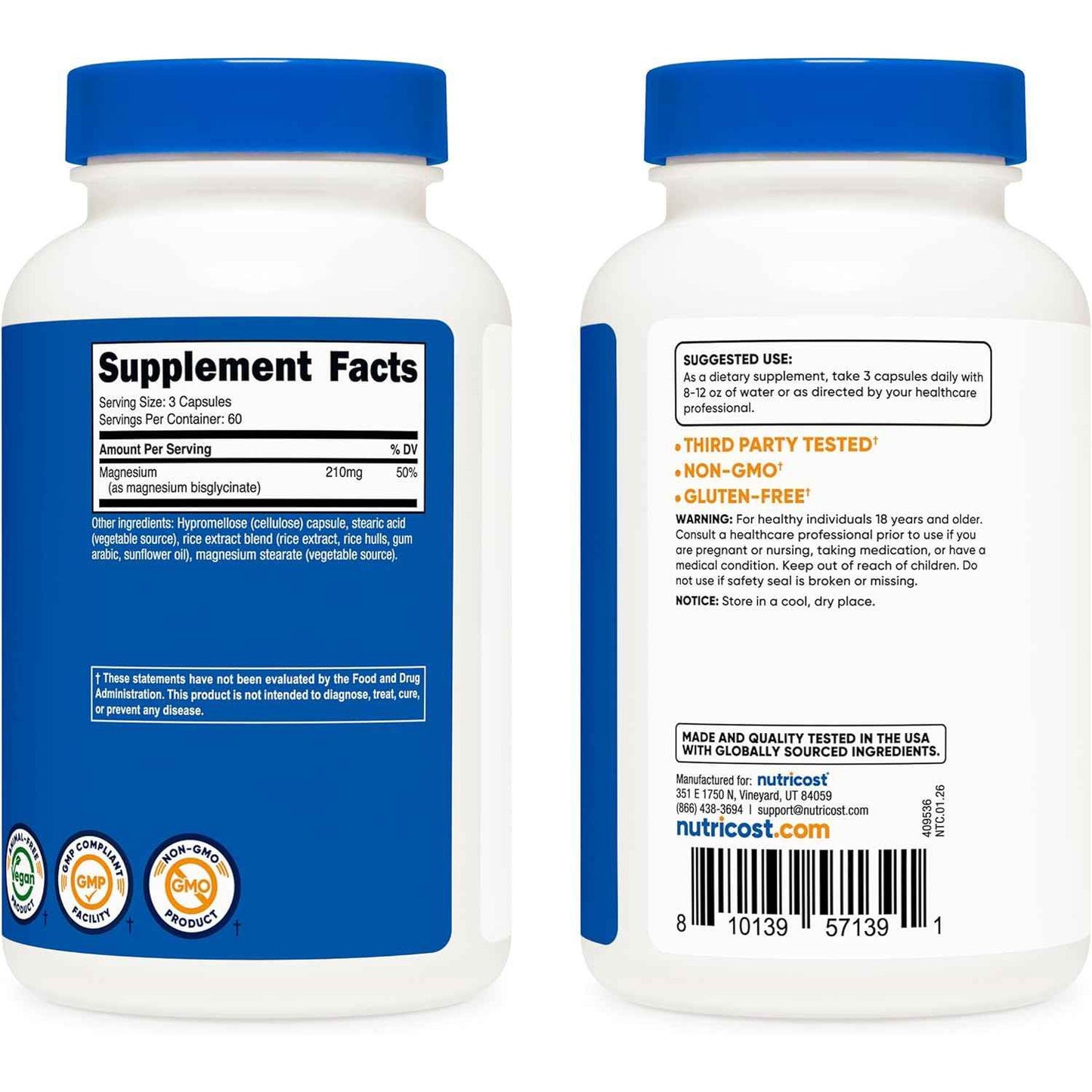 Nutricost Magnesium Glycinate 210mg Capsules 180 Count Gentle Absorption
