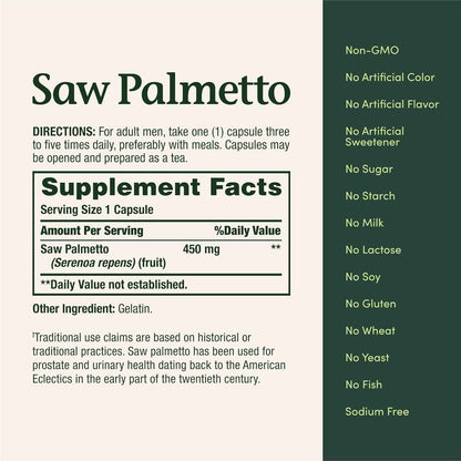 Nature's Bounty Saw Palmetto 450mg for Prostate and Urinary Health 250 Capsules