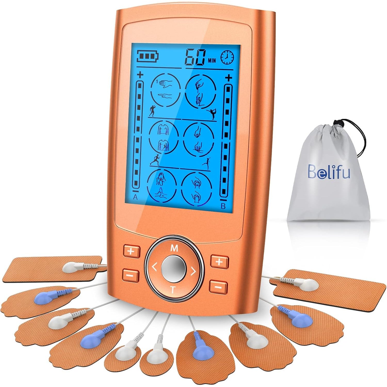 Belifu Dual Channel TENS EMS Unit 24 Modes Muscle Stimulator Pain Relief Therapy 10 Pads Storage Bag