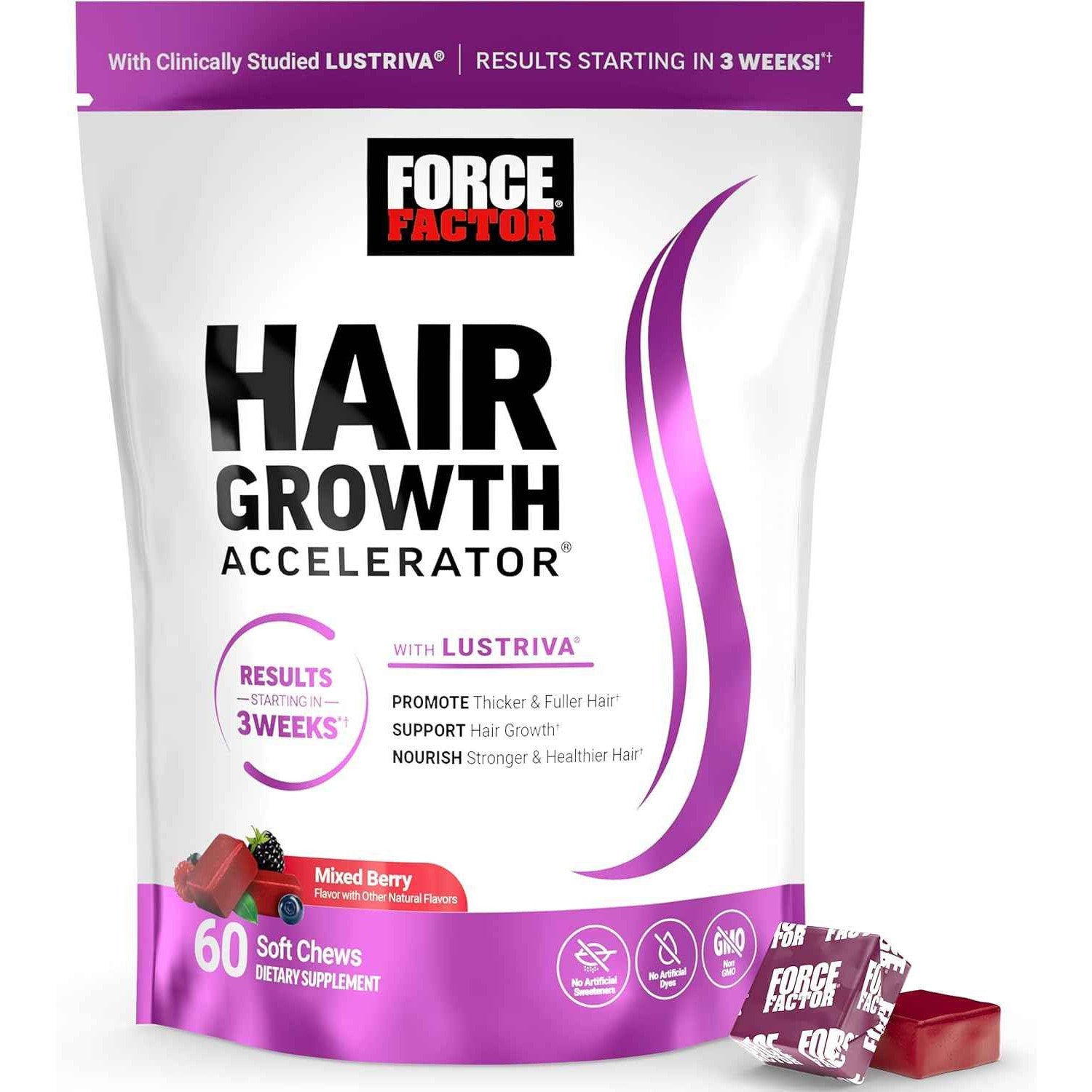 Force Factor Hair Growth Accelerator Soft Chews with Lustriva Biotin Mixed Berry 60 Count