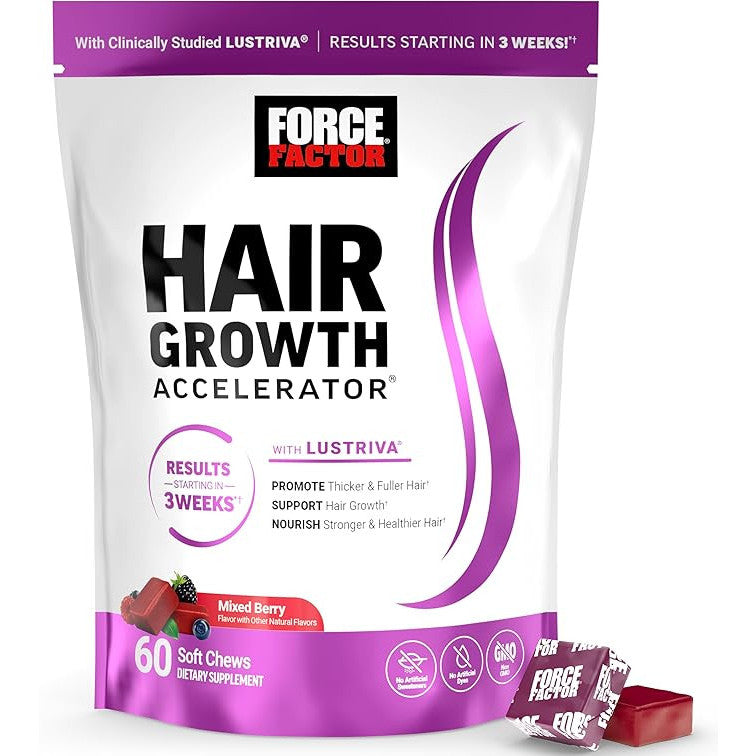 Force Factor Hair Growth Accelerator Soft Chews with Lustriva Biotin Mixed Berry 60 Count