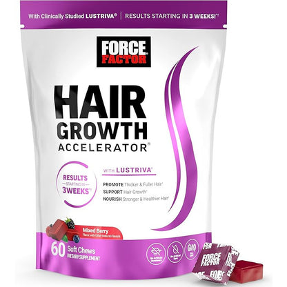 Force Factor Hair Growth Accelerator Soft Chews with Lustriva Biotin Mixed Berry 60 Count