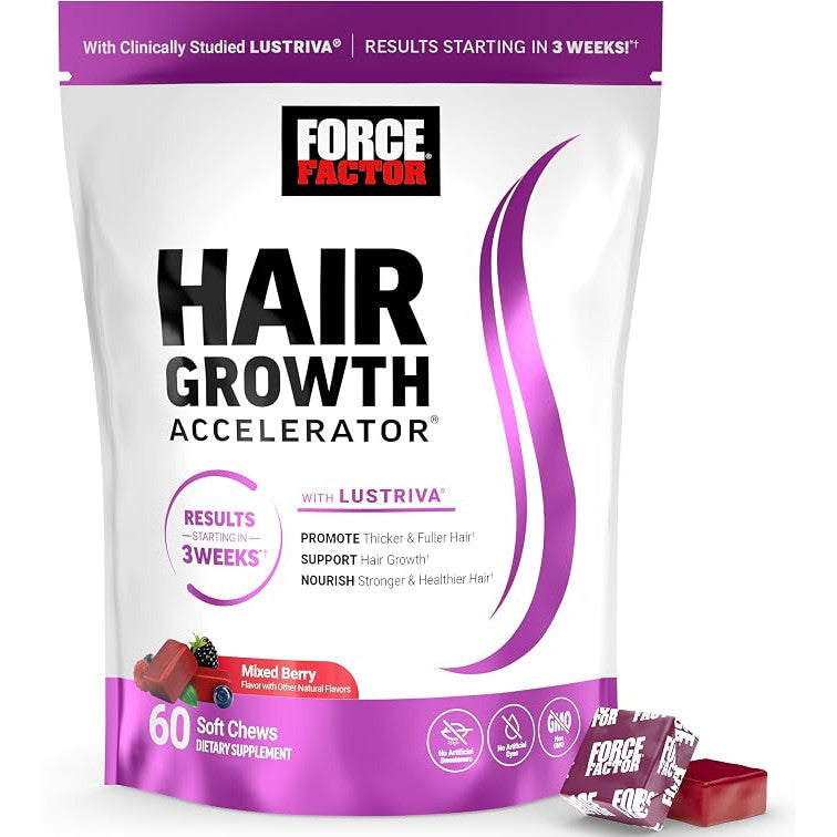 Force Factor Hair Growth Accelerator Soft Chews with Lustriva Biotin Mixed Berry 60 Count