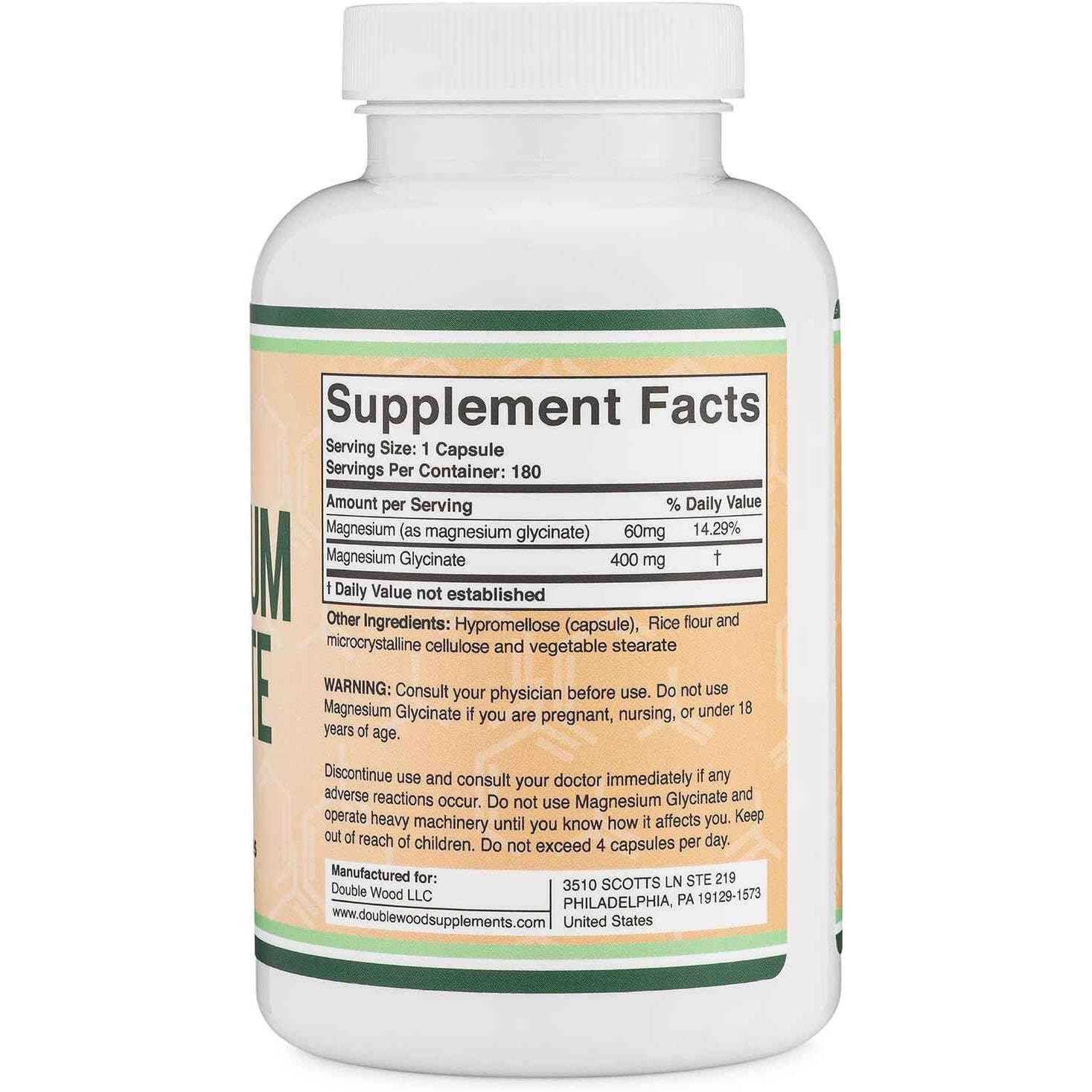 Double Wood Supplements Magnesium Glycinate 400mg Capsules 180 Count