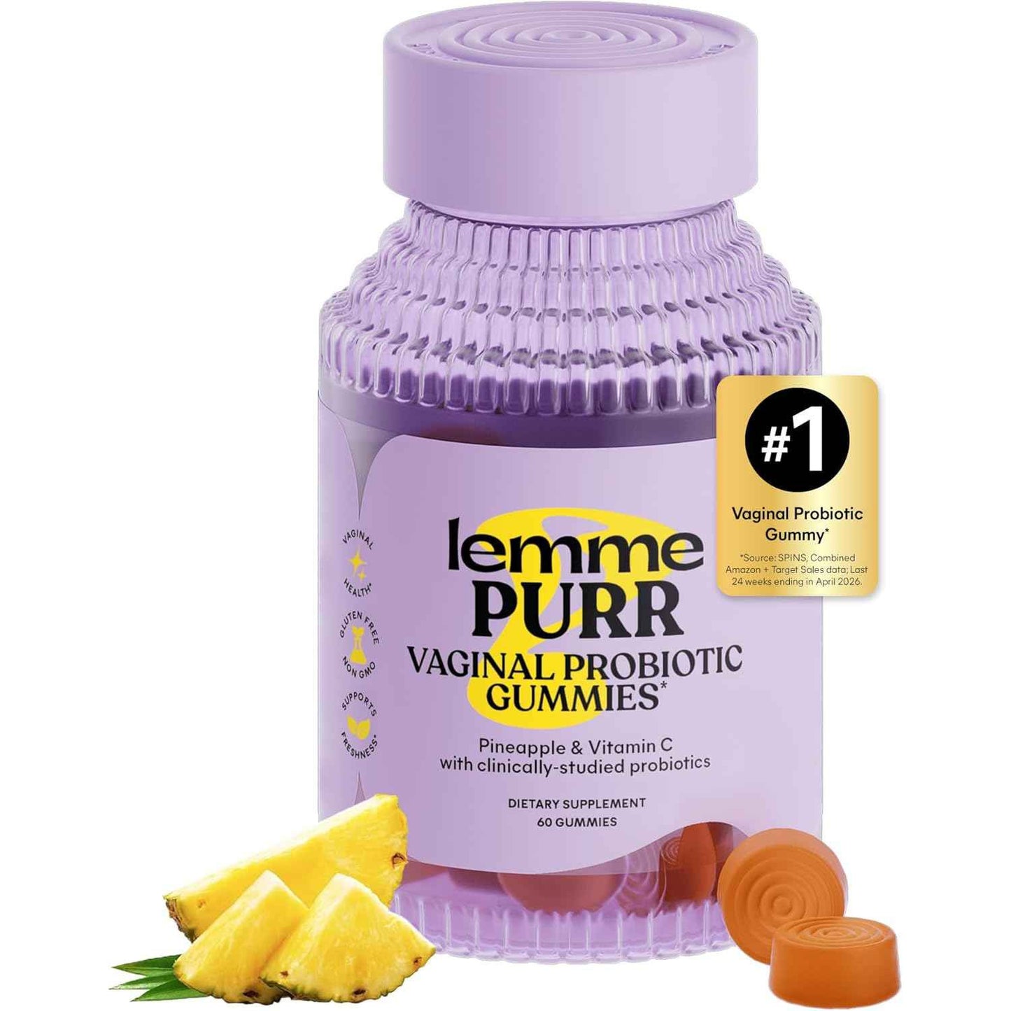 Lemme Purr Vaginal Probiotic Gummies, Vitamin C, Pineapple, 60 Count