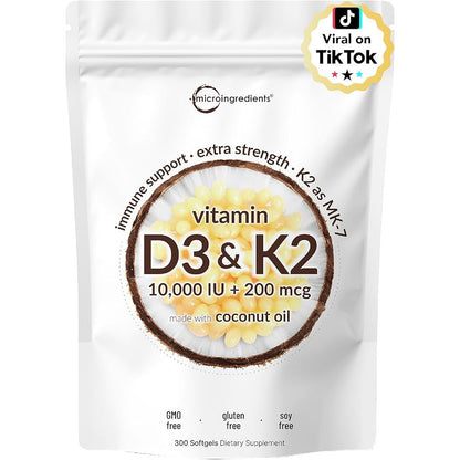 Micro Ingredients Vitamin D3 10,000 IU K2 MK-7 200 mcg Softgel Supplement 300 Count