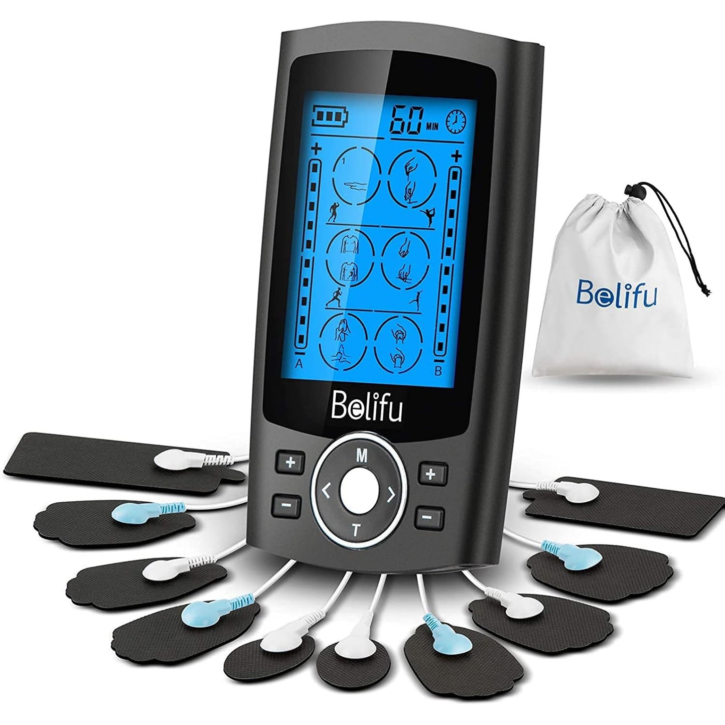 Belifu Dual Channel TENS EMS Unit 24 Modes Muscle Stimulator Pain Relief Therapy 10 Pads Storage Bag